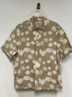 COS Men’s Tan Short-Sleeve Asymmetrical Polka Dot Shirt with White Spots